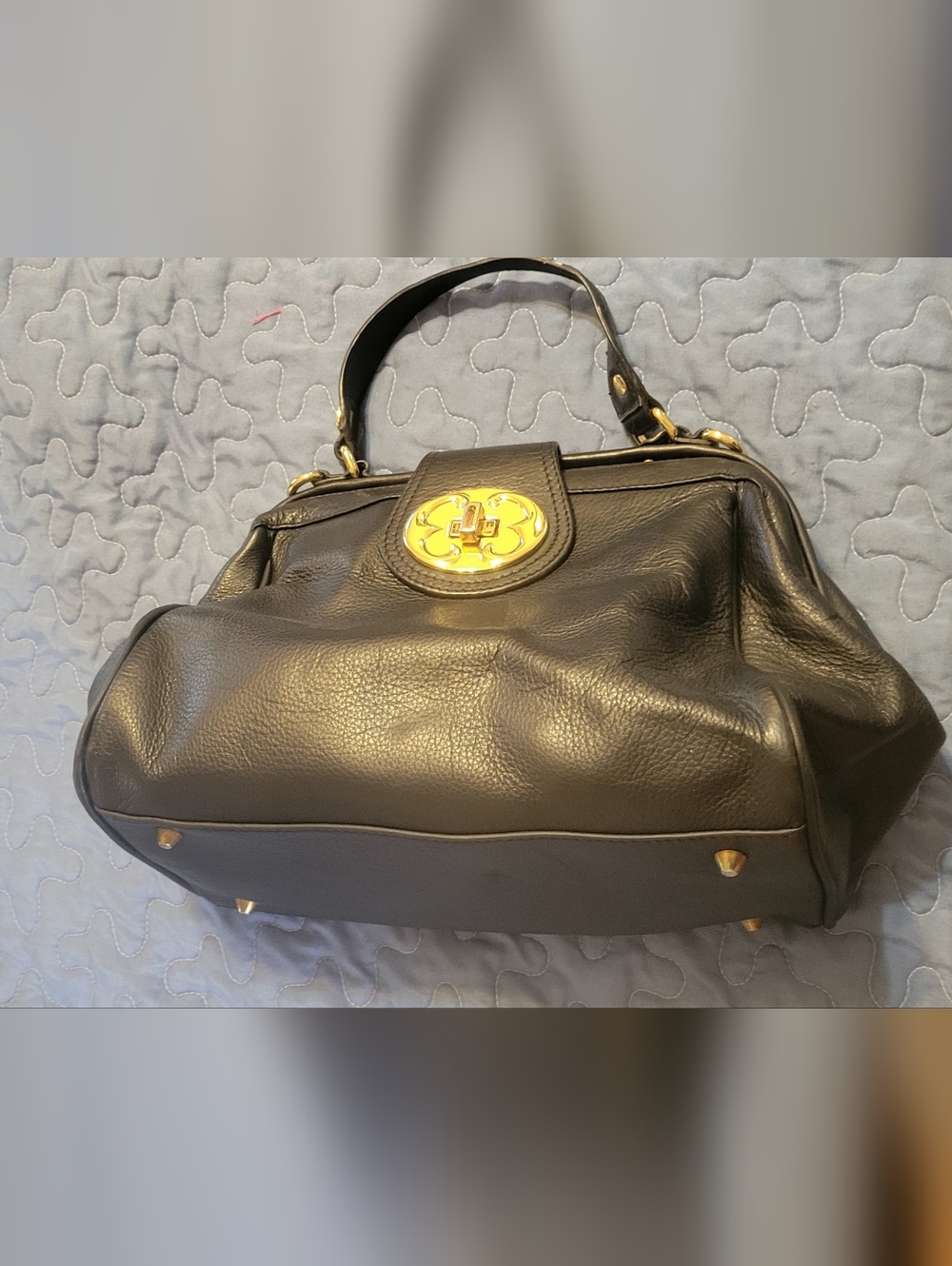 Emma Fox Designer Black Pebbled Leather Top-Handled Purse with Gold Accents